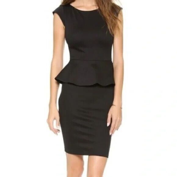Alice + Olivia Employed Victoria Dress in Black Leather Sleeves Peplum Waist 6 - Picture 1 of 13